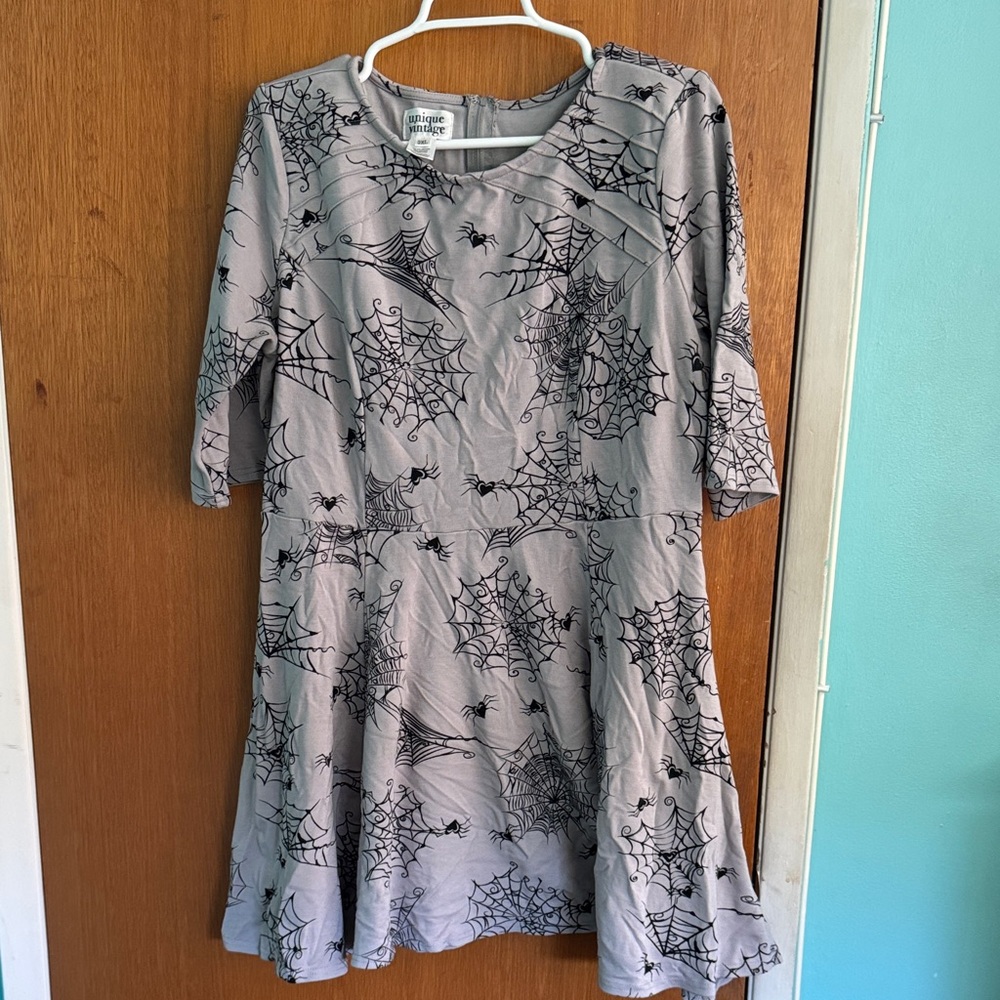 Unique Vintage Gray Dress with Spider Web Design